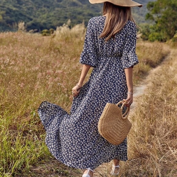 Boho Floral Print V neck Slit Ruffle Sleeve Dress - Picture 5 of 6